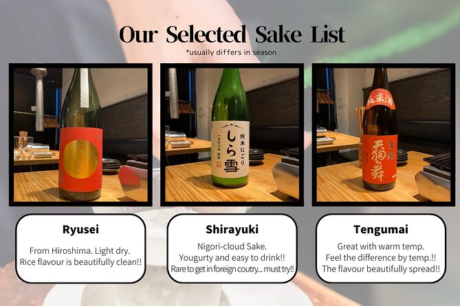 10 kinds Sake Tasting Experience in Tsukiji with local!! - Snacks, food, and the restaurant setting